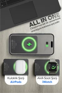 Woyax All In Magsafe Powerbank 10.000mAh 20W Hızlı Taşınabilir Şarj Cihazı Saat Kulaklık iPhone Android