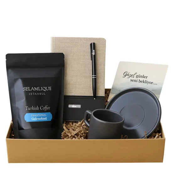 Dokulu Defter & Kalem & Fincan & Selamlıque Paket Kahve Hediye Seti