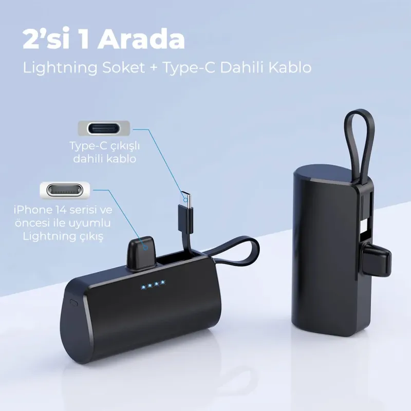 iPhone Lightning Soketli Mini Powerbank 5000mAh Type-C Dahili Kablolu Taşınabilir Şarj Cihazı Siyah — detay