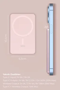Woyax by Deji Magsafe Powerbank 5000 mAh 20W Hızlı Taşınabilir Şarj Cihazı  Pembe