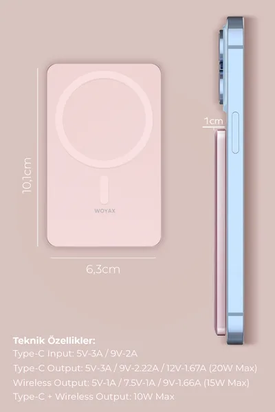 Woyax by Deji Magsafe Powerbank 5000 mAh 20W Hızlı Taşınabilir Şarj Cihazı Pembe — detay