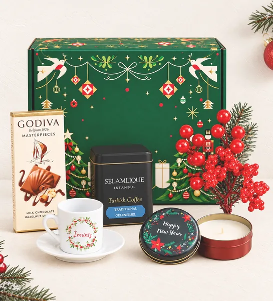 Yılbaşına Özel Tasarım Fincan & Kokina Çiçek & Godiva Çikolata & Türk Kahvesi & Mum Hediye Seti