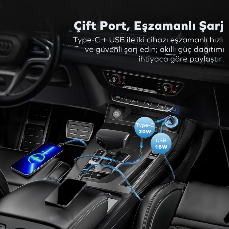 Woyax Araç Şarj Aleti Çakmaklık Type-C + USB Girişli 38W