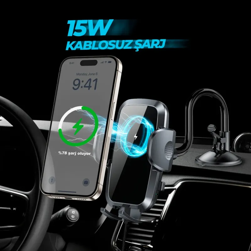 Woyax Kablosuz Şarjlı Vantuzlu Araç İçi Telefon Tutucu 15W -Vakumlu Akrobat Araba Telefon Tutacağı — detay