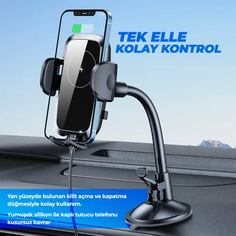 Woyax Kablosuz Şarjlı Vantuzlu Araç İçi Telefon Tutucu 15W -Vakumlu Akrobat Araba Telefon Tutacağı